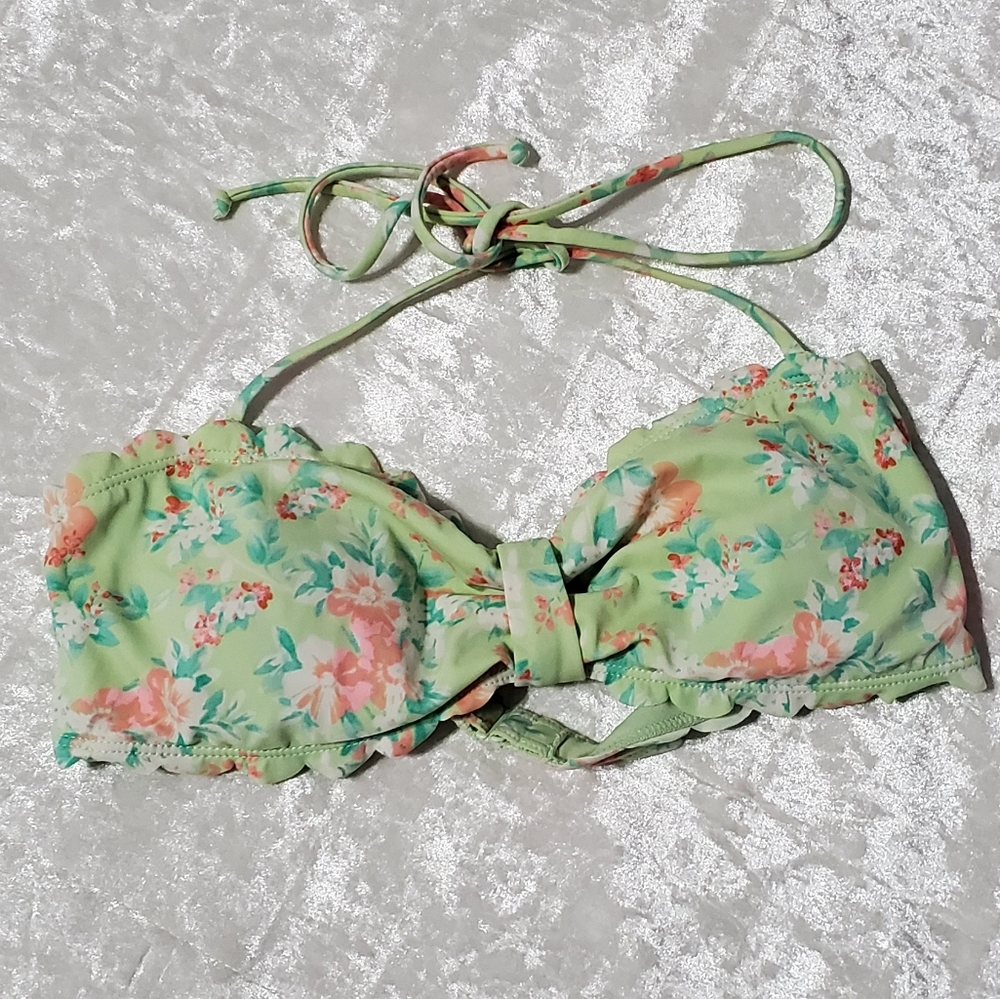 Green Scalloped Floral Halter Swimsuit Top